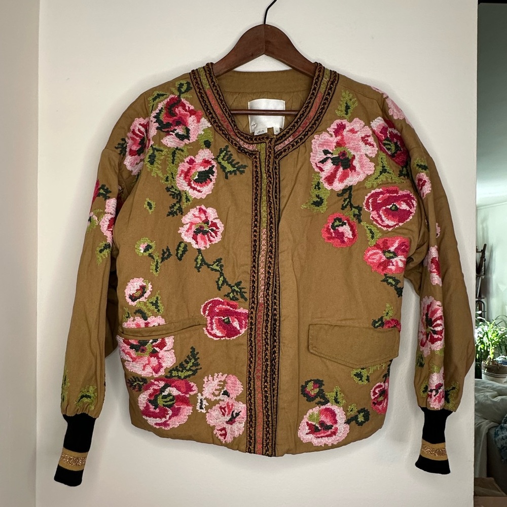 Anthropologie Pink Floral Bomber Jacket